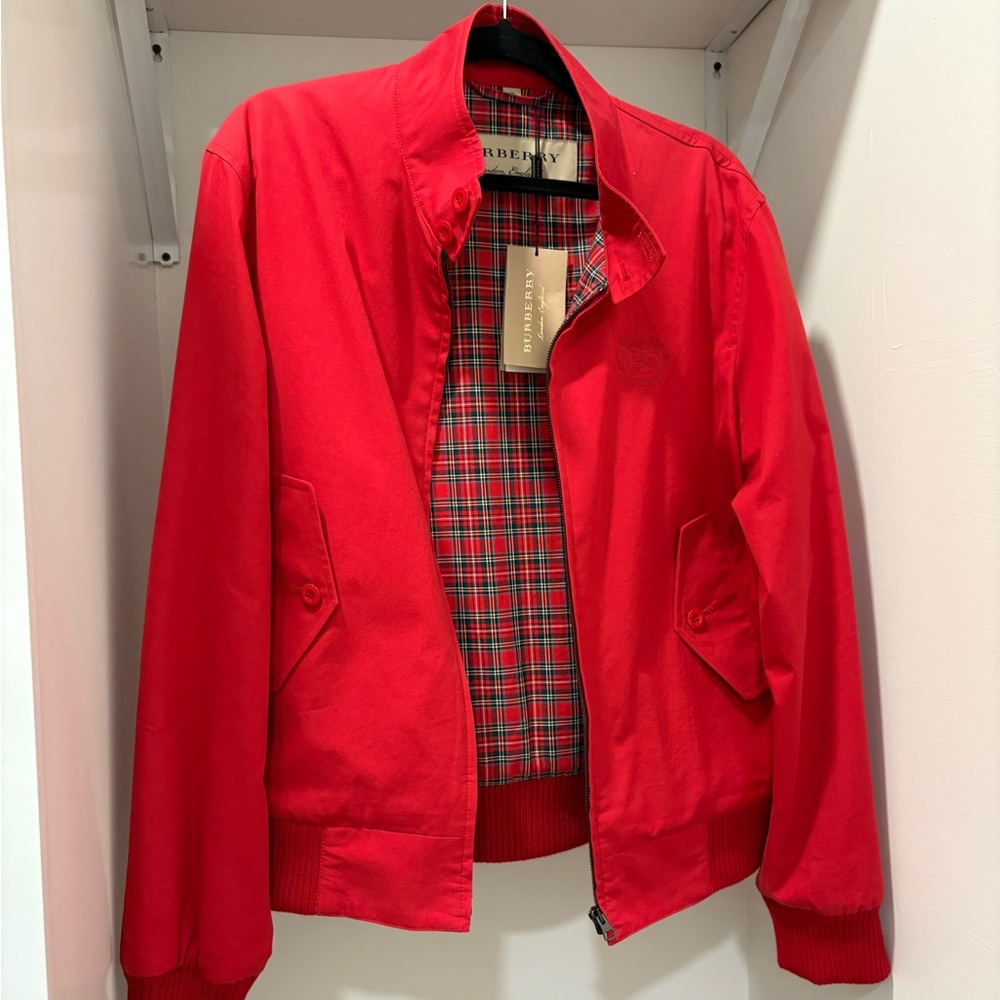 Burberry Red Bomber Jacket with Tartan Lining